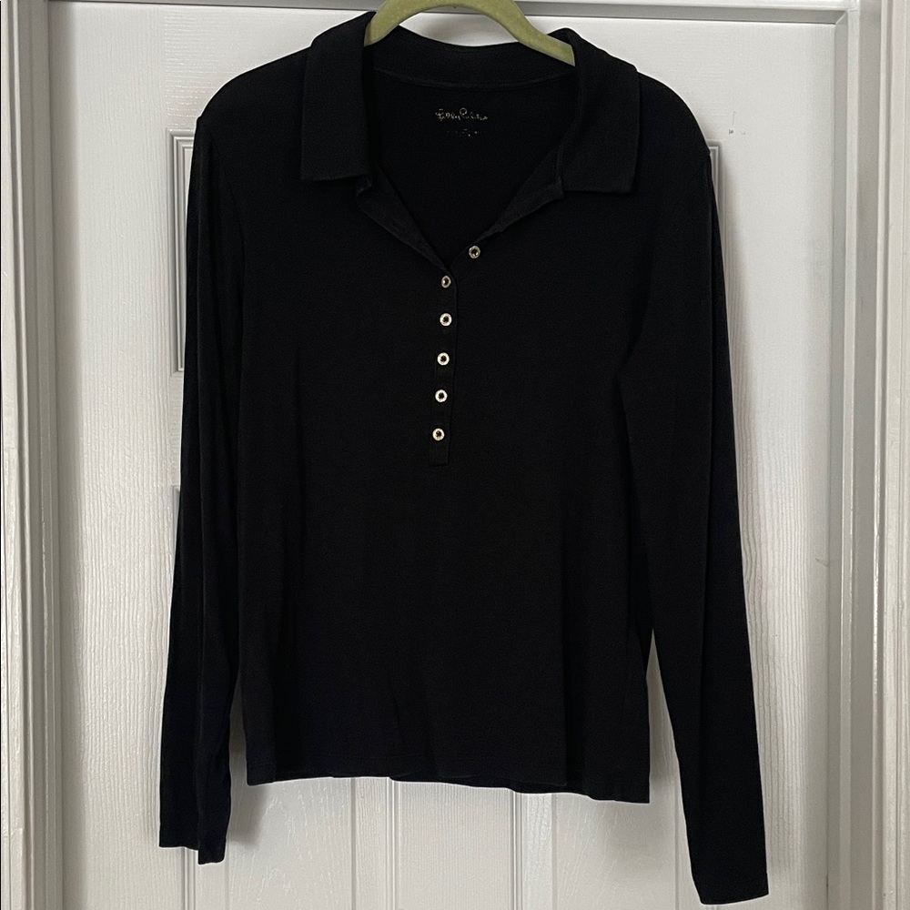 Lilly Pulitzer Black Button Down Polo Shirt w/ Long Sleeves & Logo Buttons Large